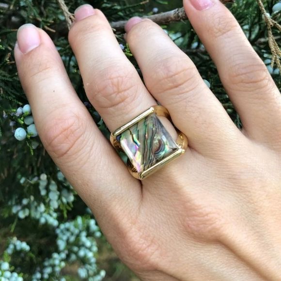 Gold titanium and genuine natural abalone boho chic statement ring sz 8 new - Picture 2 of 7